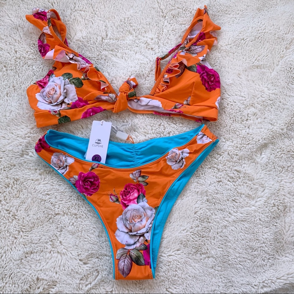 Orange Ruffle Tie front reversible floral bikini